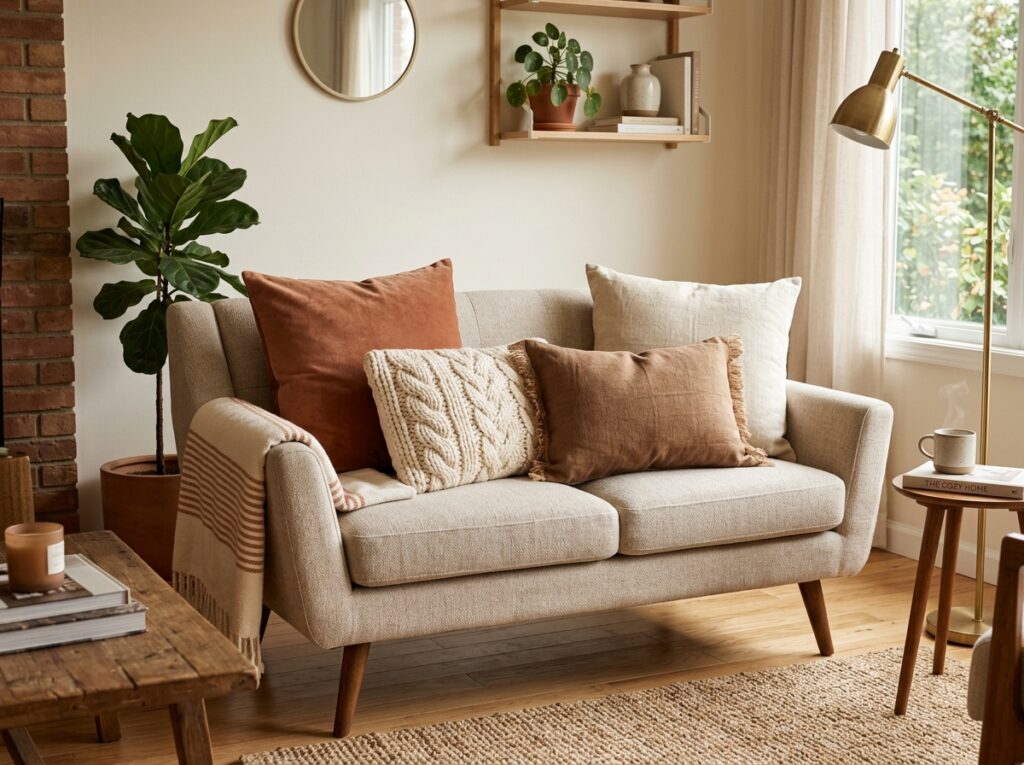 Mix cushion textures on your sofa